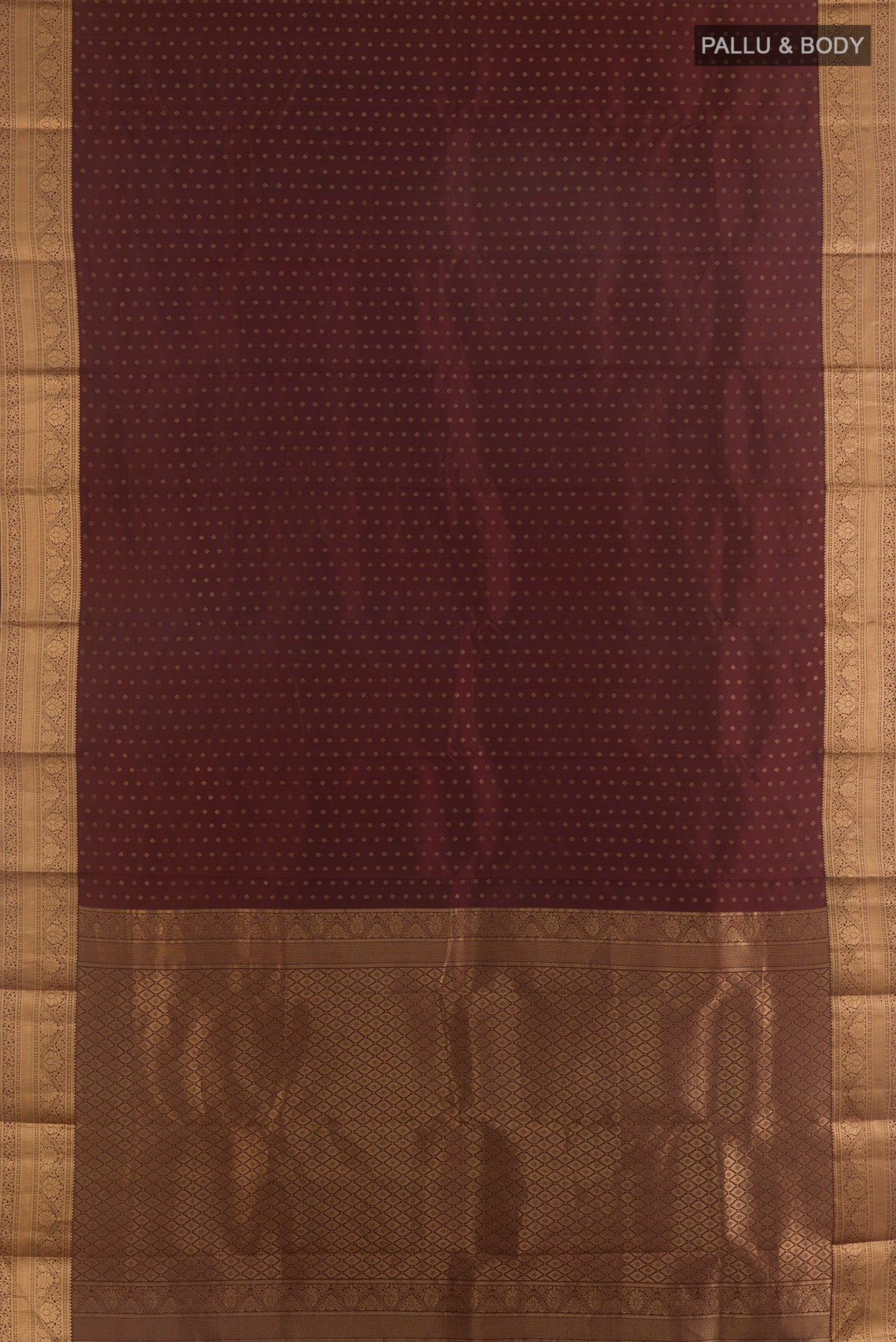 Flat view of Pure Silk Brown Kanchipuram Saree with Zari Butta on the body and Zari Border. 