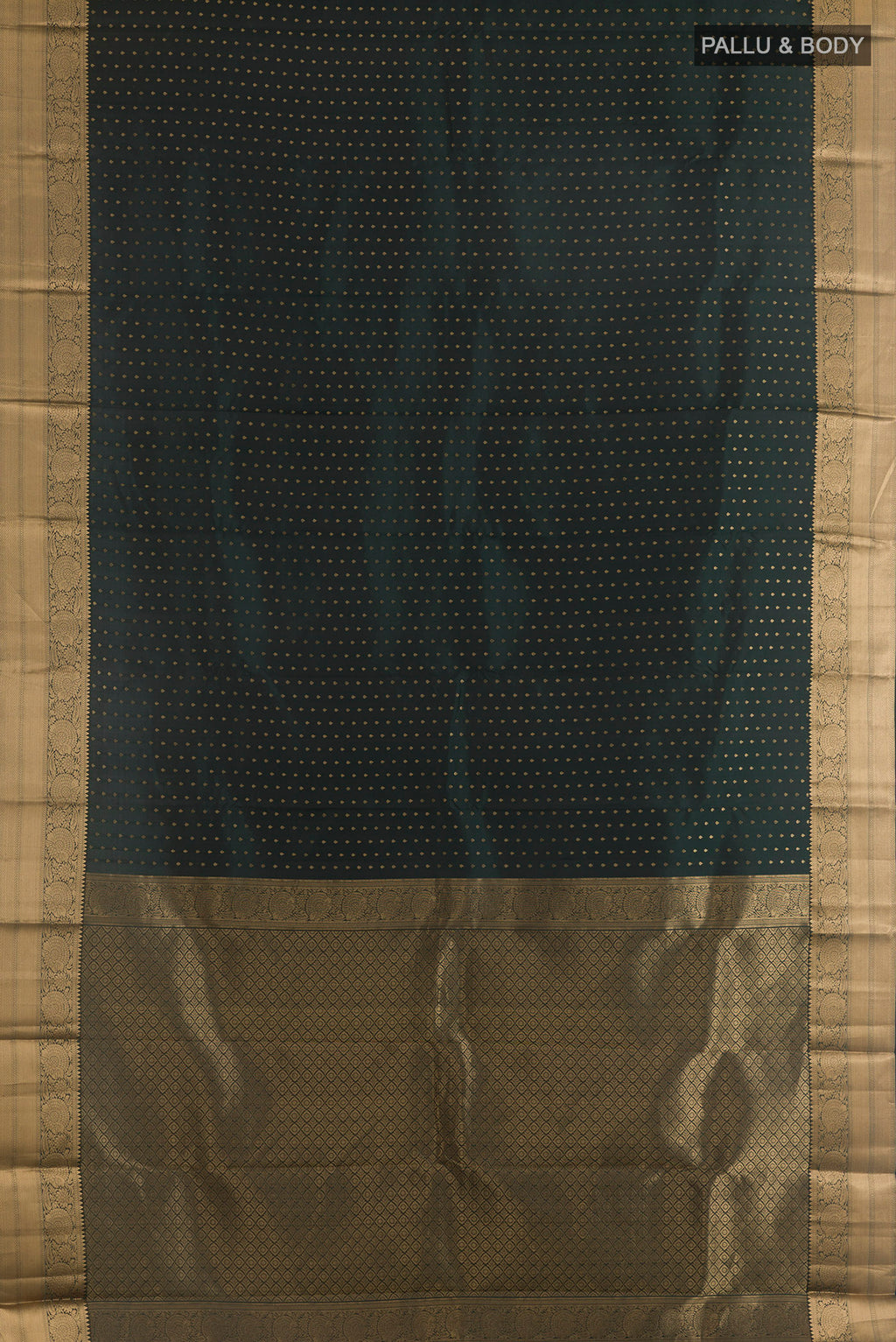 Flat view of Pure Silk Bottle Green Kanchipuram Saree with Zari Butta on the body and Zari Border. 