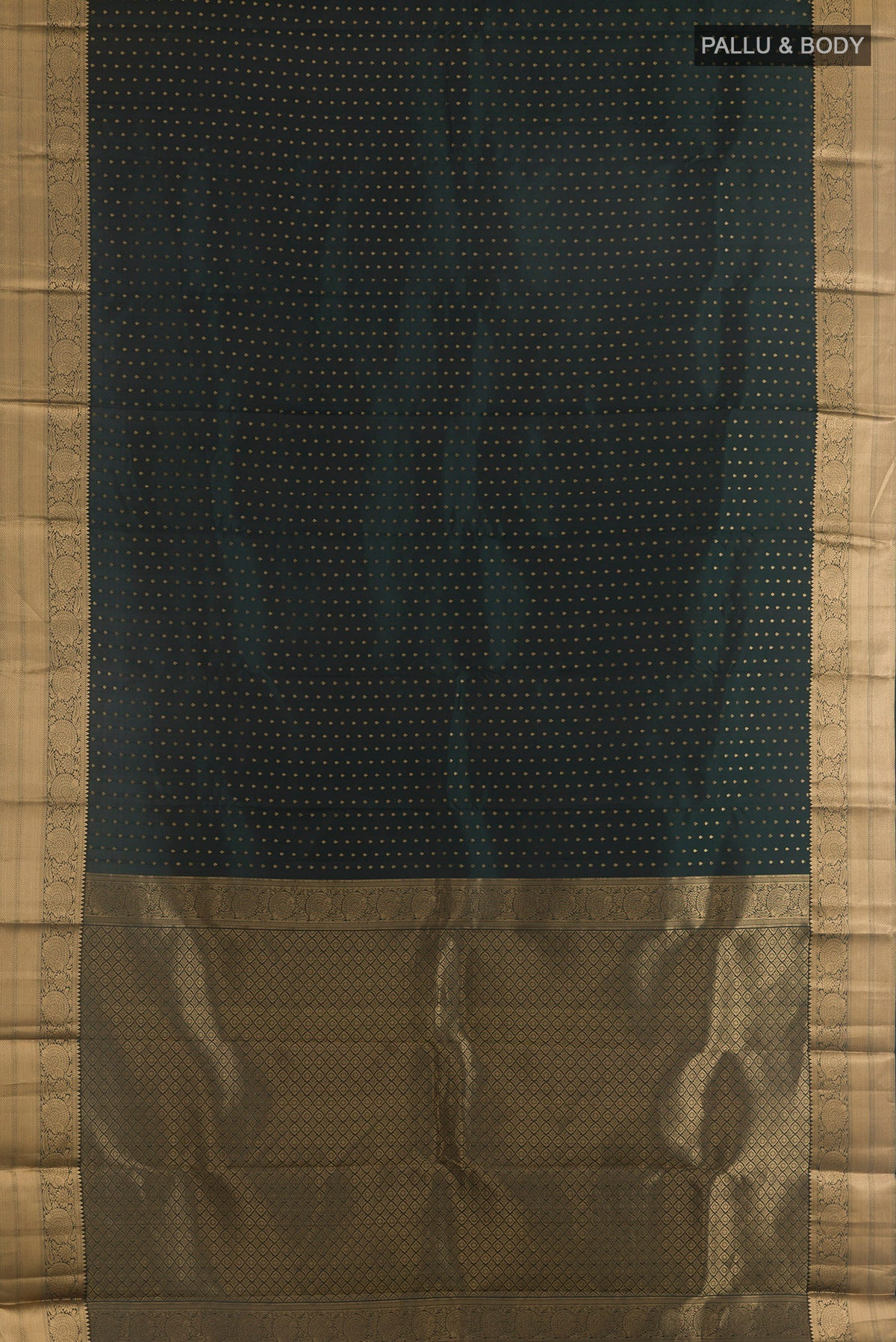 Flat view of Pure Silk Bottle Green Kanchipuram Saree with Zari Butta on the body and Zari Border. 