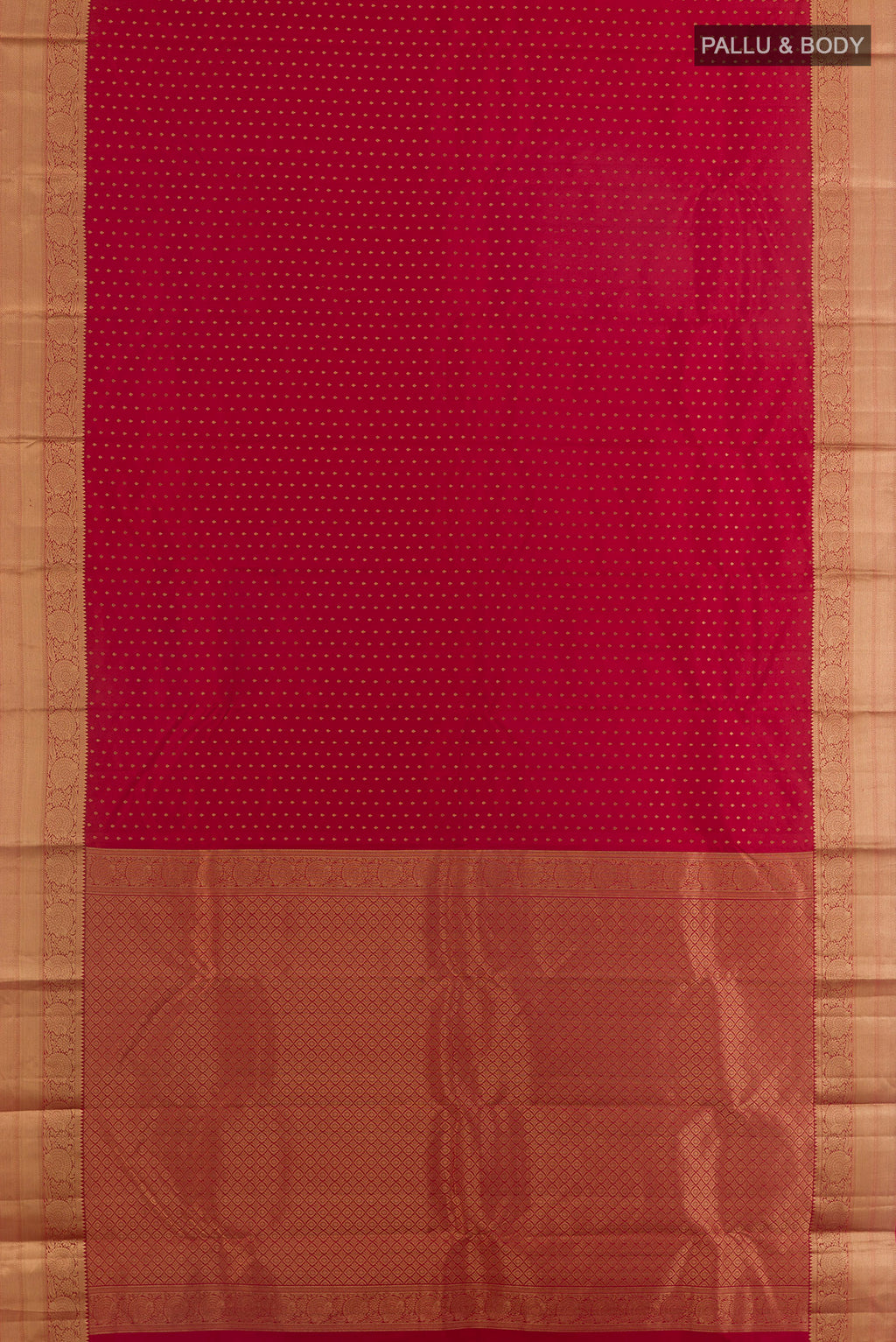 Flat view of Pure Silk Red Kanchipuram Saree with Zari Butta on the body and Zari Border. 