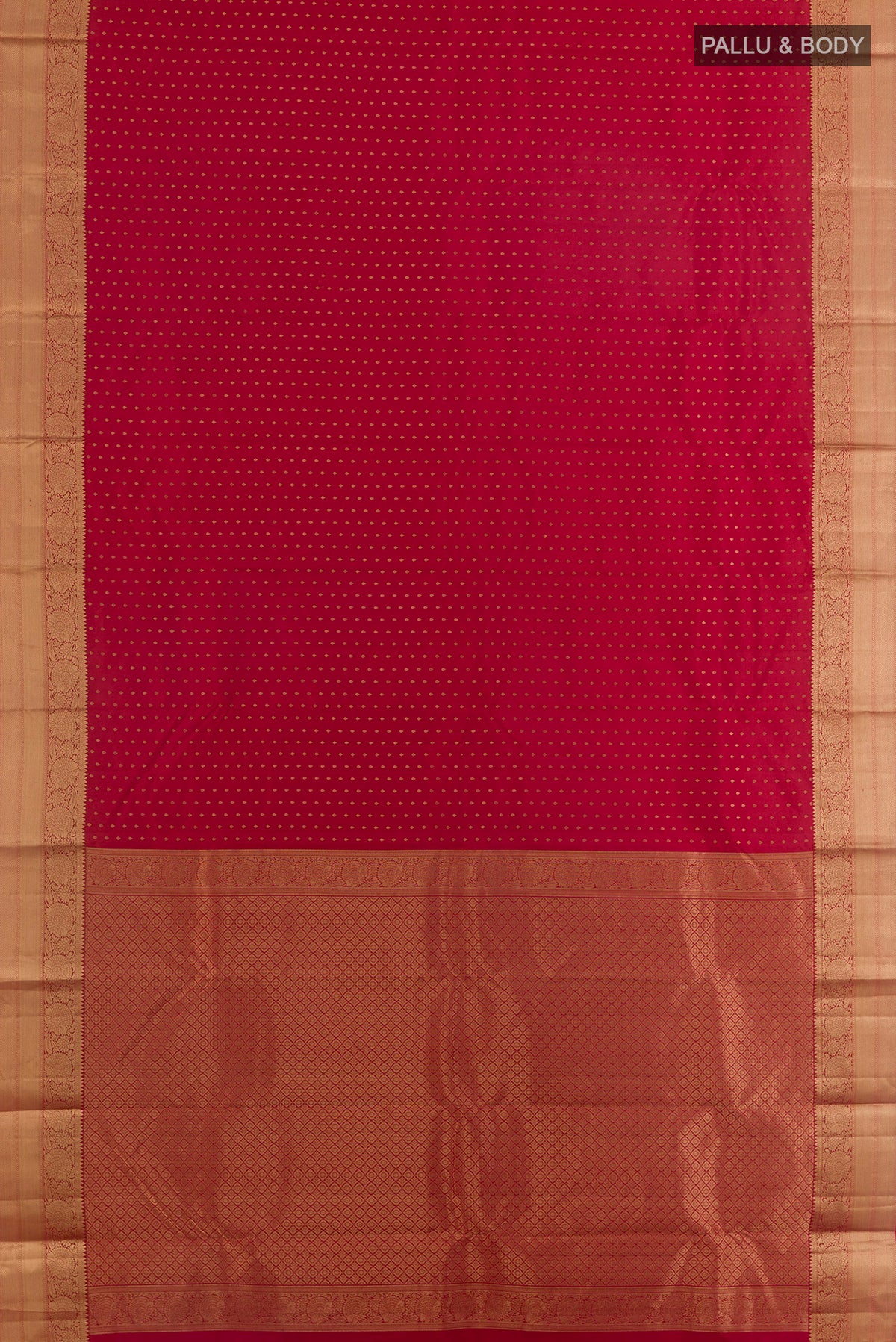 Flat view of Pure Silk Red Kanchipuram Saree with Zari Butta on the body and Zari Border. 