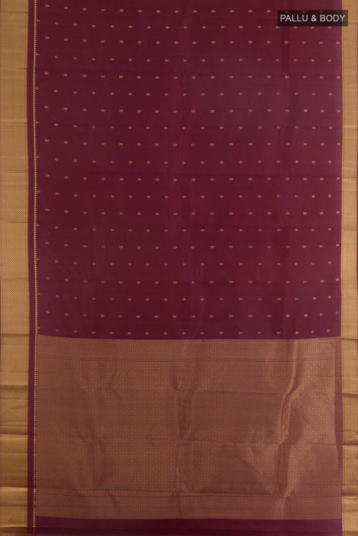 Flat view of Pure Silk Coffee Brown Kanchipuram Saree with Zari Butta on the body and Zari Border. 
