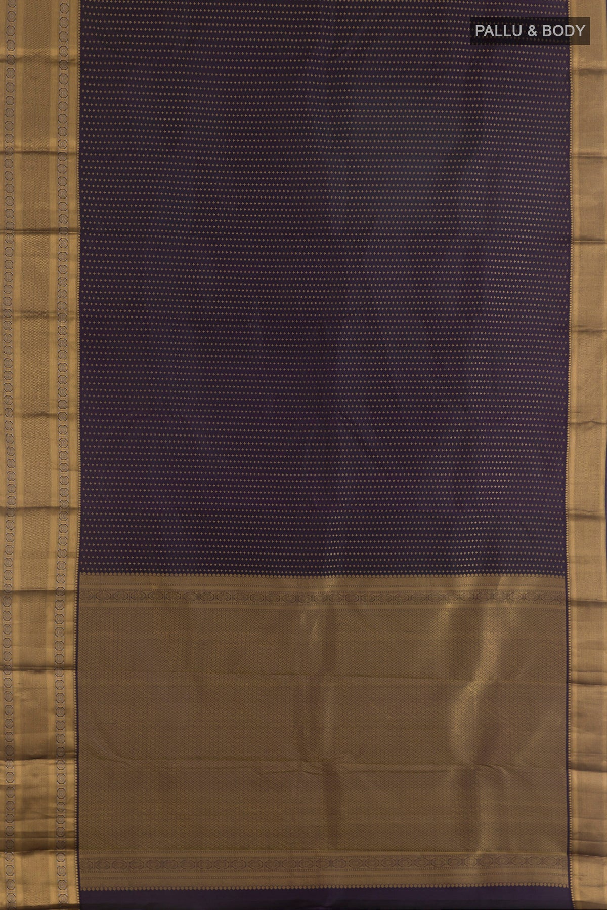 Flat view of Pure Silk Dark Blue Kanjivaram Saree with Zari Butta on the body and Zari Border. 