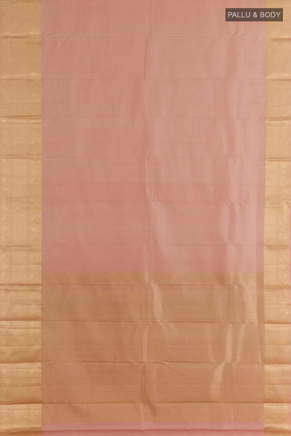 Flat view of Pure Silk Sandal Kanjivaram Saree with Zari Butta on the body and Zari Border. 