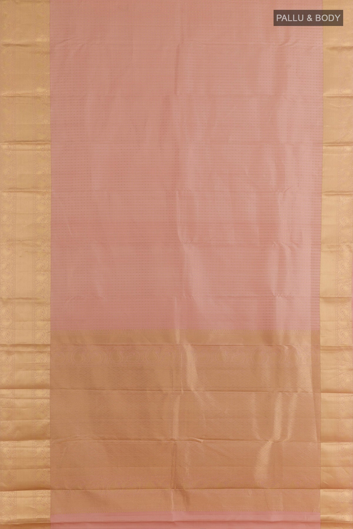 Flat view of Pure Silk Sandal Kanjivaram Saree with Zari Butta on the body and Zari Border. 