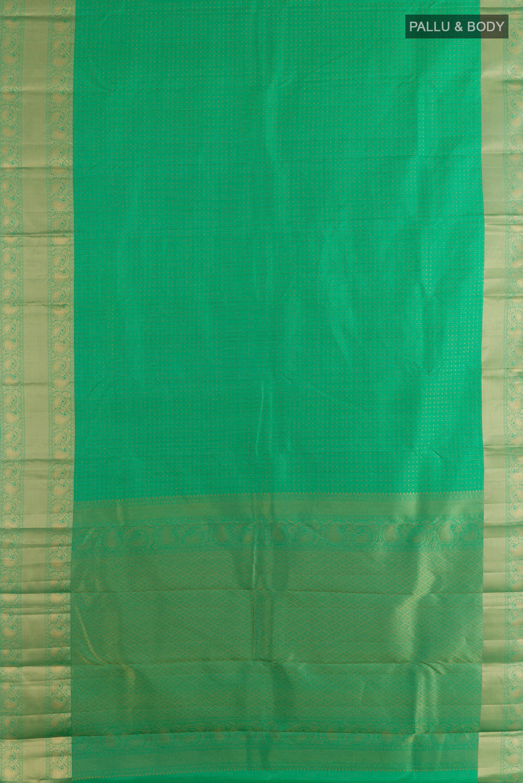 Flat view of Pure Silk Green Kanjivaram Saree with Zari Butta on the body and Zari Border. 