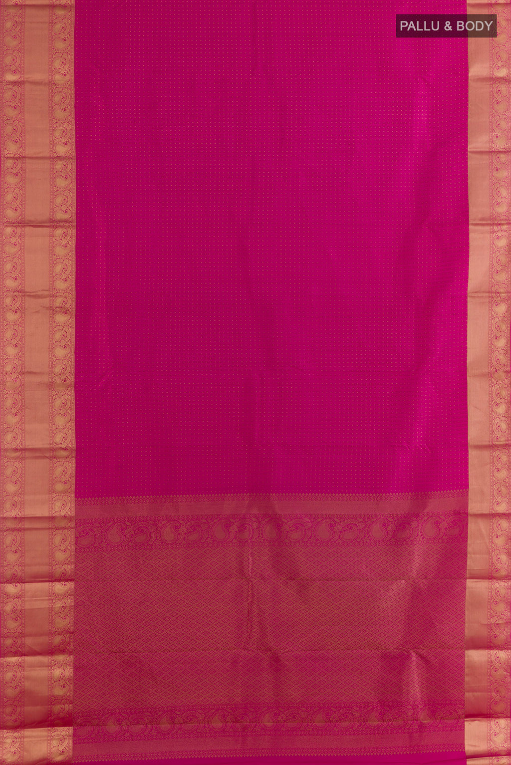 Flat view of Pure Silk Pink Kanjivaram Saree with Jacquard With Zari Butta on the body and Zari Border. 