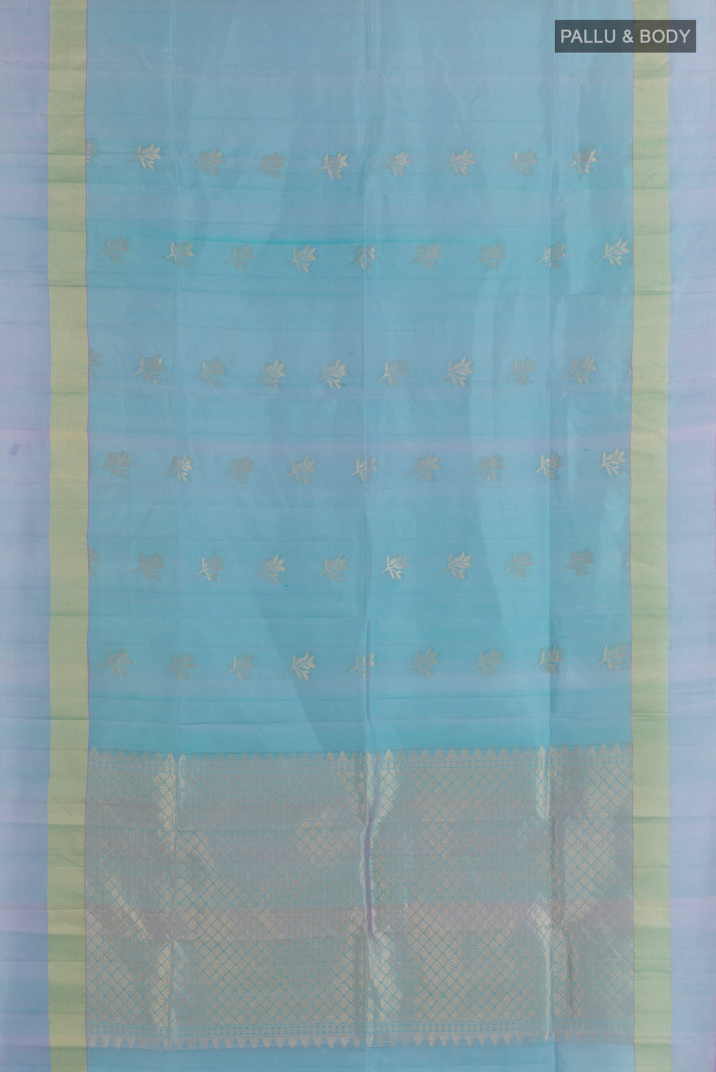 Flat view of Pure Silk Light Blue Kanjivaram Saree with Zari Butta on the body and Zari Border. 