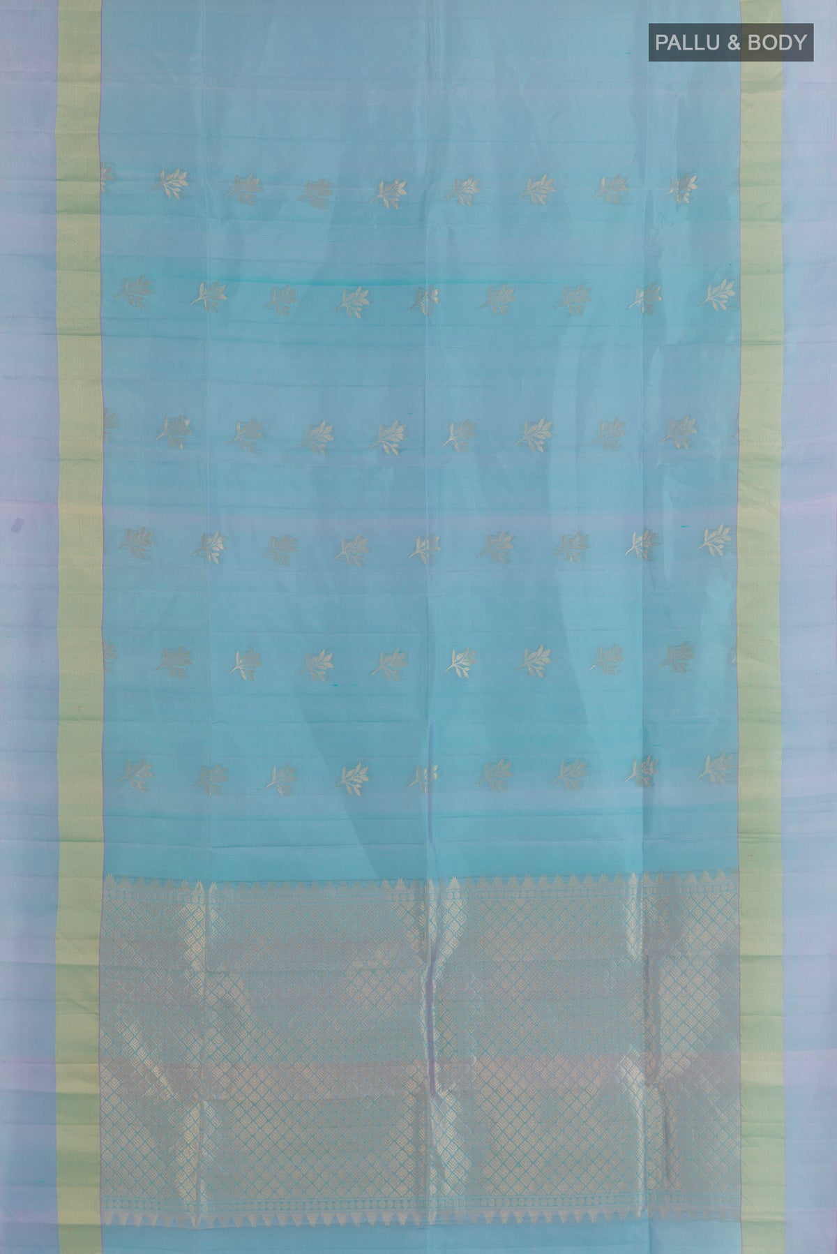 Flat view of Pure Silk Light Blue Kanjivaram Saree with Zari Butta on the body and Zari Border. 