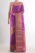 Pure Silk Lavender Kanjivaram Saree with Zari Butta on the body and Zari Border.  displayed on a mannequin