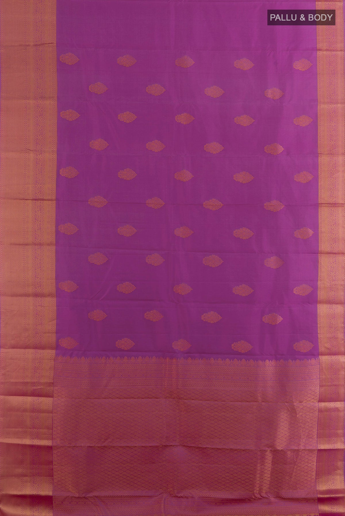 Flat view of Pure Silk Lavender Kanjivaram Saree with Zari Butta on the body and Zari Border. 