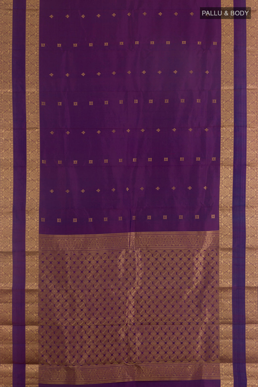 Flat view of Pure Silk Purple Kanchipuram Saree with Zari Butta on the body and Zari Border. 