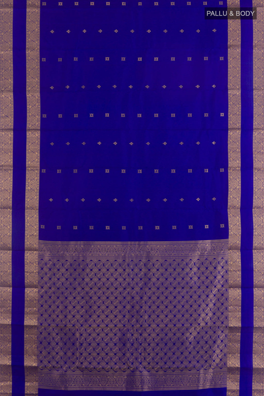 Flat view of Pure Silk Royal Blue Kanchipuram Saree with Zari Butta on the body and Zari Border. 