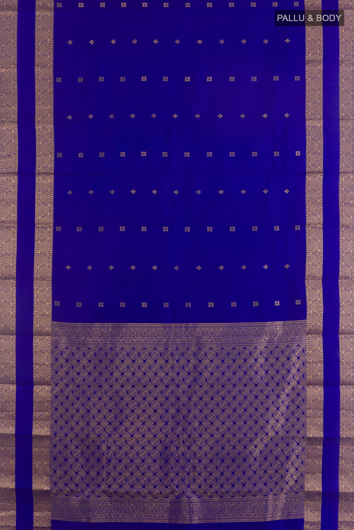 Flat view of Pure Silk Royal Blue Kanchipuram Saree with Zari Butta on the body and Zari Border. 
