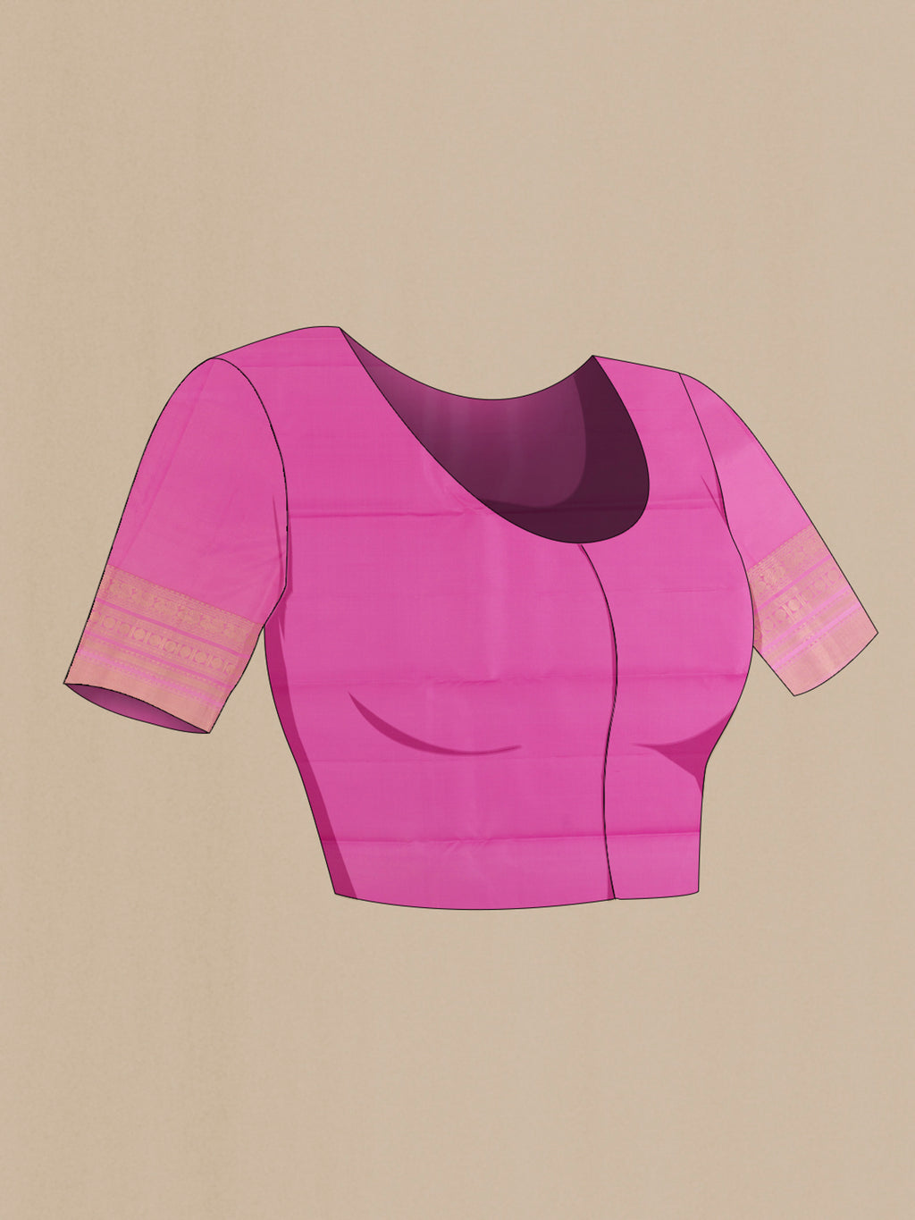 Close up image of the blouse of Pure Silk Pink Kanchipuram Saree with Zari Butta on the body and Zari Border. 