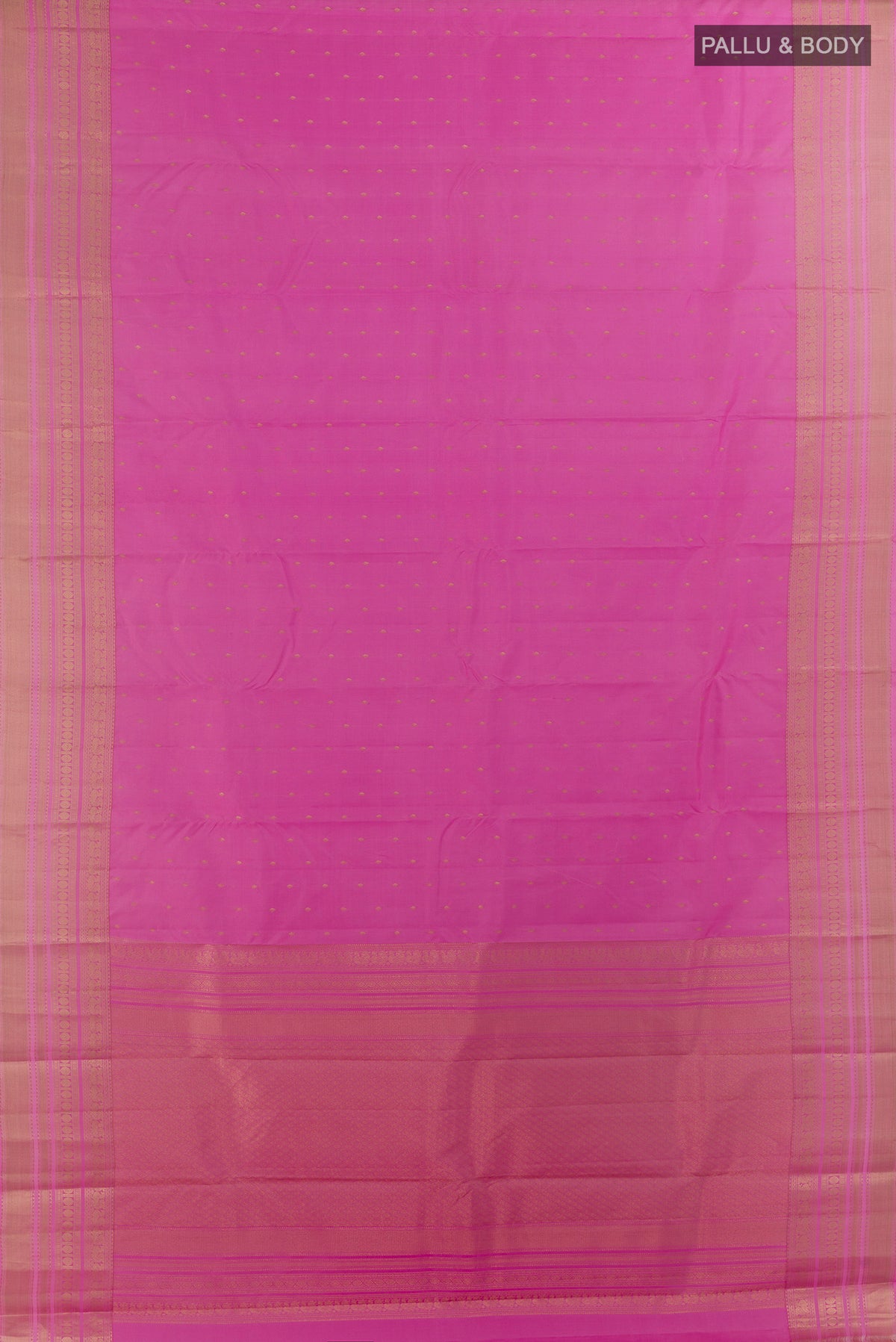 Flat view of Pure Silk Pink Kanchipuram Saree with Zari Butta on the body and Zari Border. 