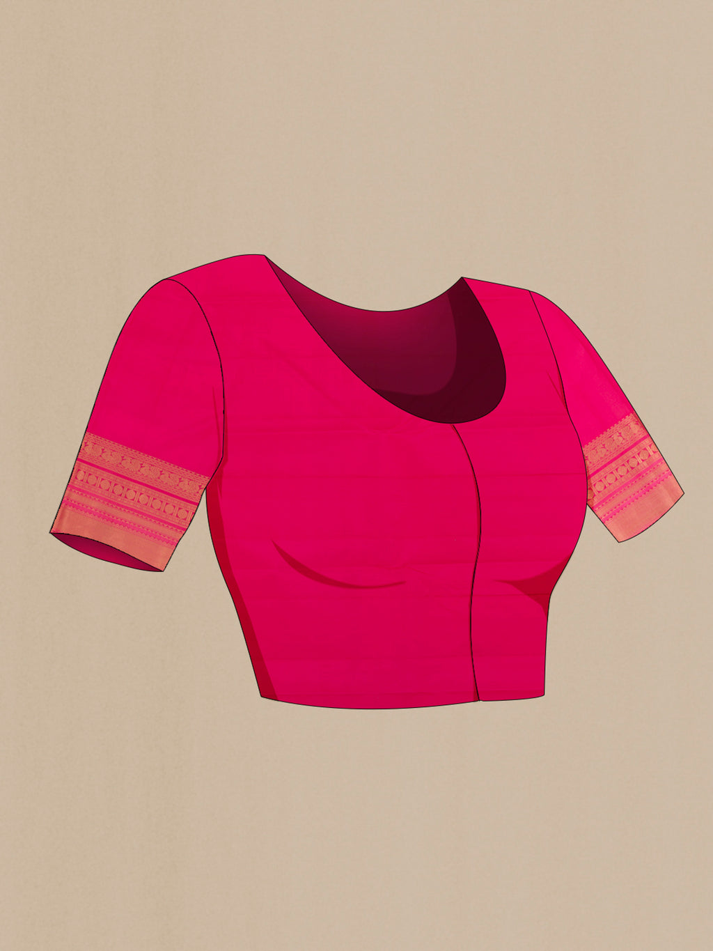 Close up image of the blouse of Pure Silk Pink Kanchipuram Saree with Zari Butta on the body and Zari Border. 