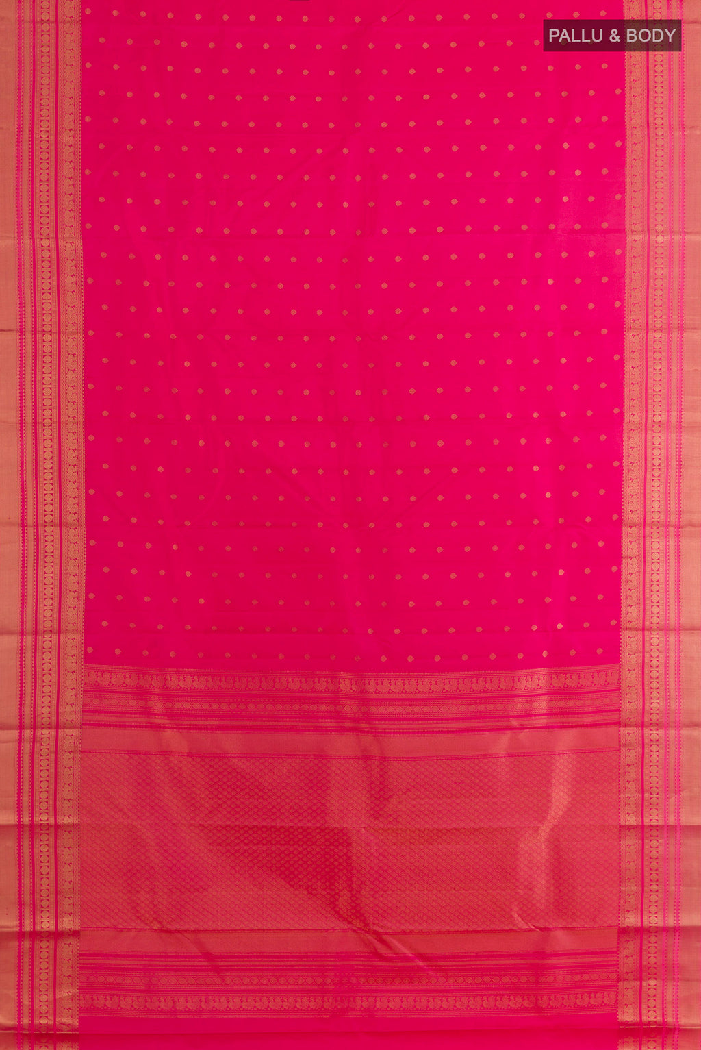 Flat view of Pure Silk Pink Kanchipuram Saree with Zari Butta on the body and Zari Border. 