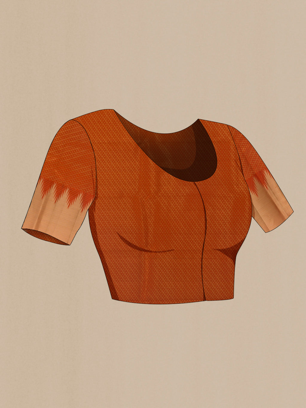 Close up image of the blouse of Pure Silk Orange Kanchipuram Saree with Plain Body and Zari Border. 