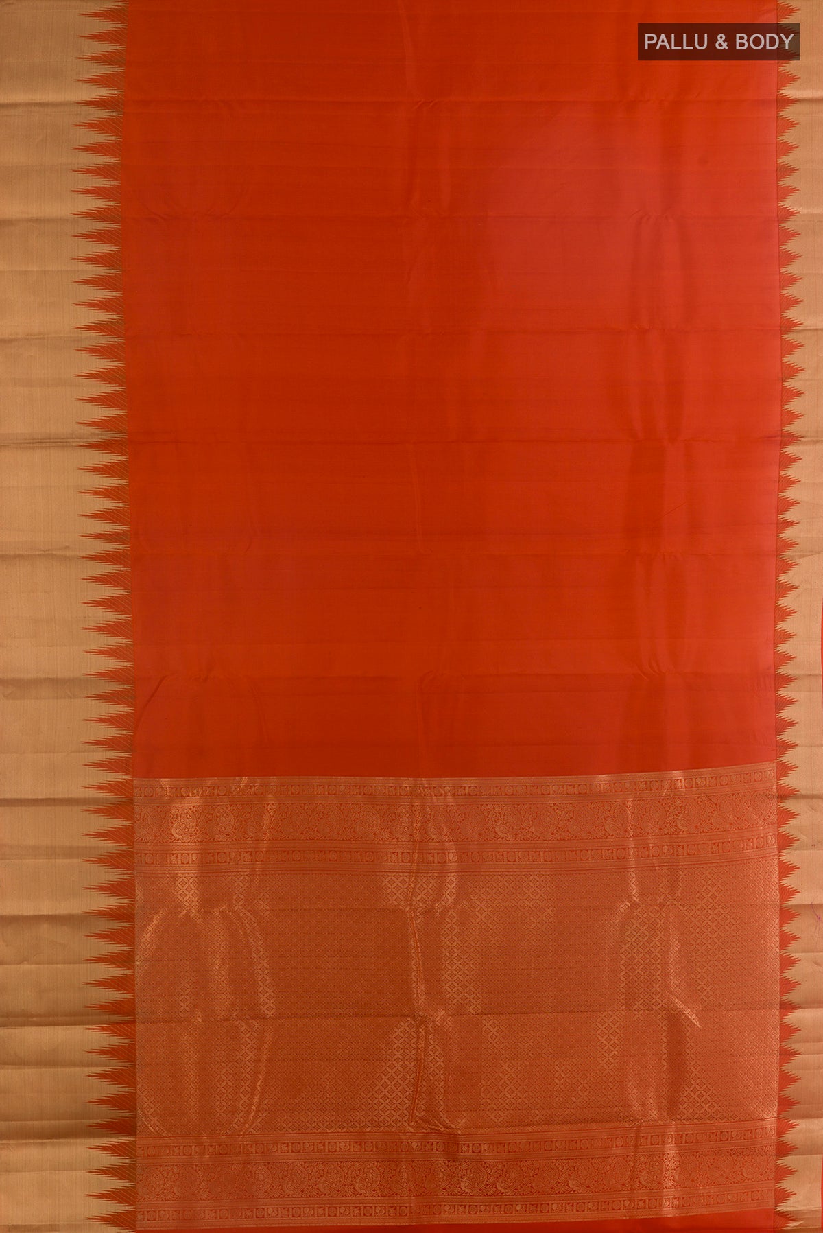 Flat view of Pure Silk Orange Kanchipuram Saree with Plain Body and Zari Border. 