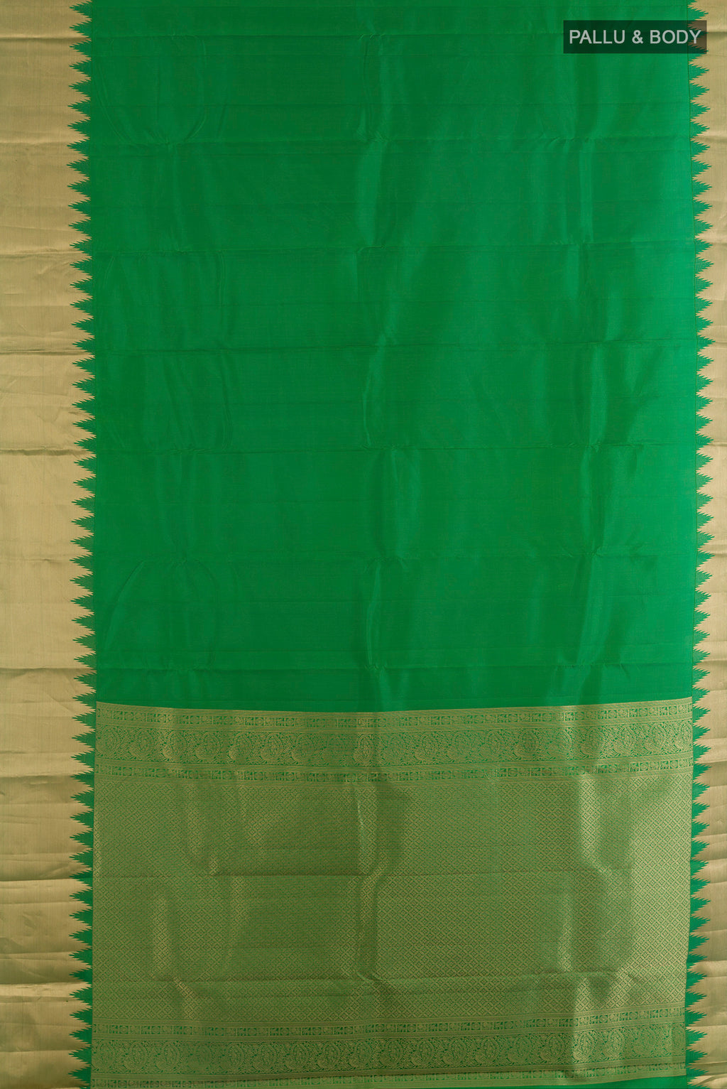 Flat view of Pure Silk Green Kanchipuram Saree with Plain Body and Zari Border. 