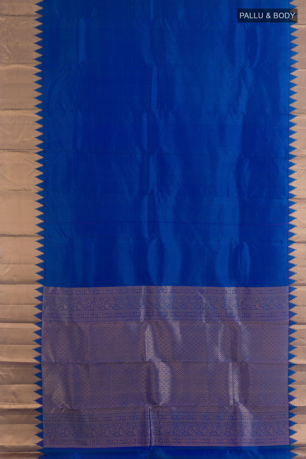 Flat view of Pure Silk Royal Blue Kanchipuram Saree with Plain Body and Zari Border. 