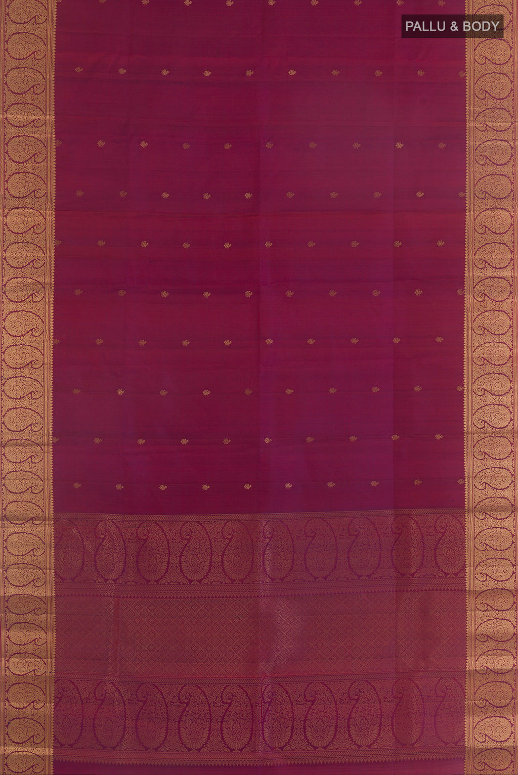 Flat view of Pure Silk Magenta Dual Tone Kanchipuram Saree with Zari Butta on the body and Zari Border. 