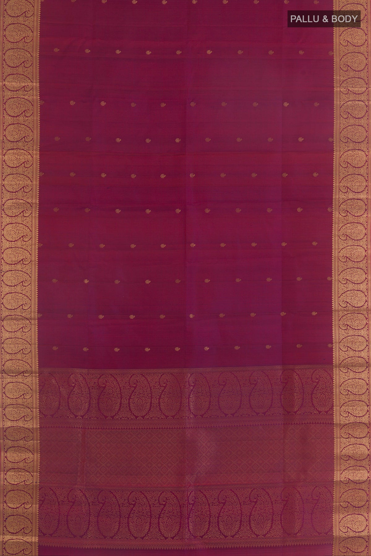 Flat view of Pure Silk Magenta Dual Tone Kanchipuram Saree with Zari Butta on the body and Zari Border. 