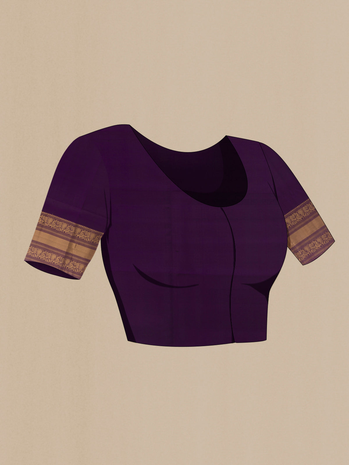 Close up image of the blouse of Pure Silk Purple Kanchipuram Saree with Zari Butta on the body and Zari Border. 
