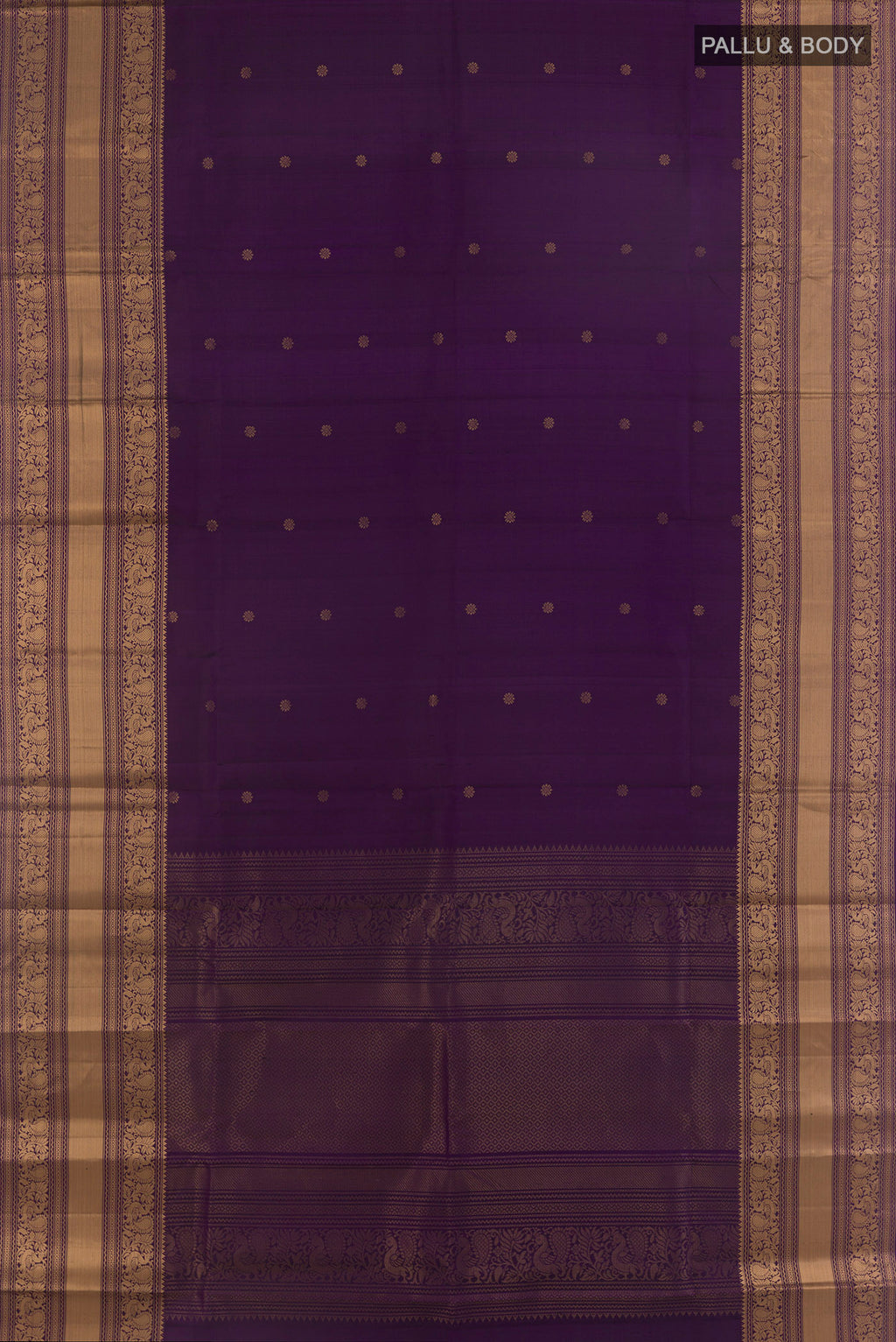 Flat view of Pure Silk Purple Kanchipuram Saree with Zari Butta on the body and Zari Border. 