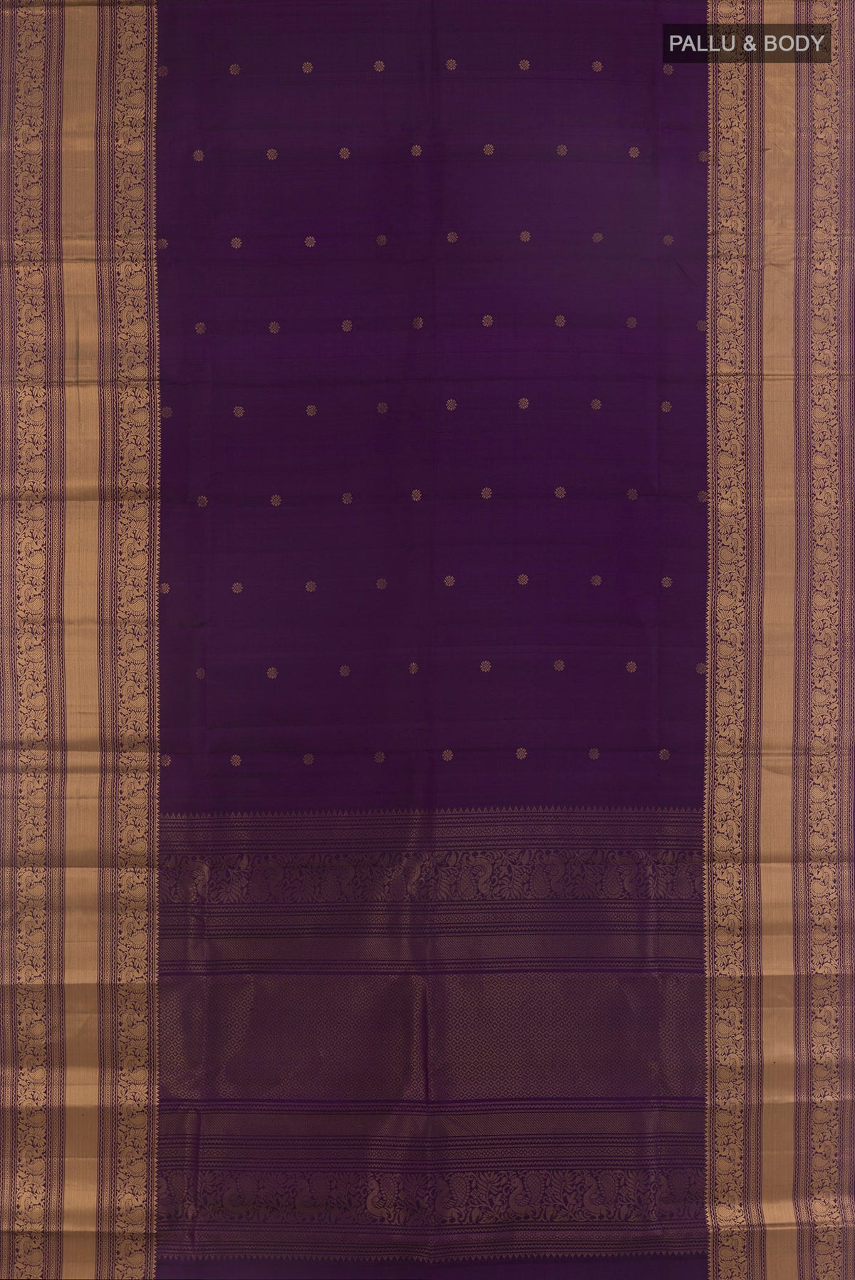 Flat view of Pure Silk Purple Kanchipuram Saree with Zari Butta on the body and Zari Border. 