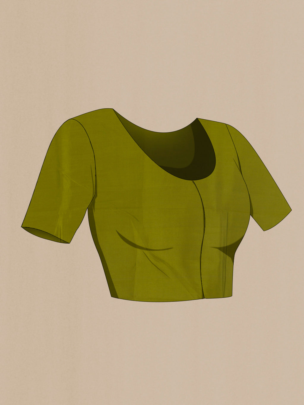 Close up image of the blouse of Mehandi Green Tussar Saree with Zari Butta on the body and Zari Border. 