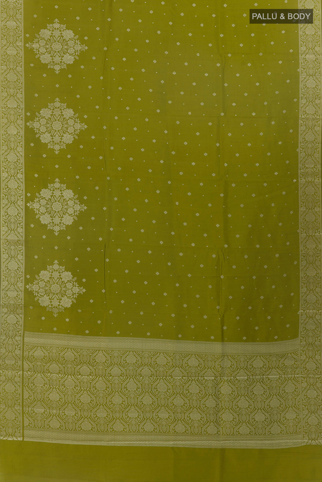 Flat view of Mehandi Green Tussar Saree with Zari Butta on the body and Zari Border. 