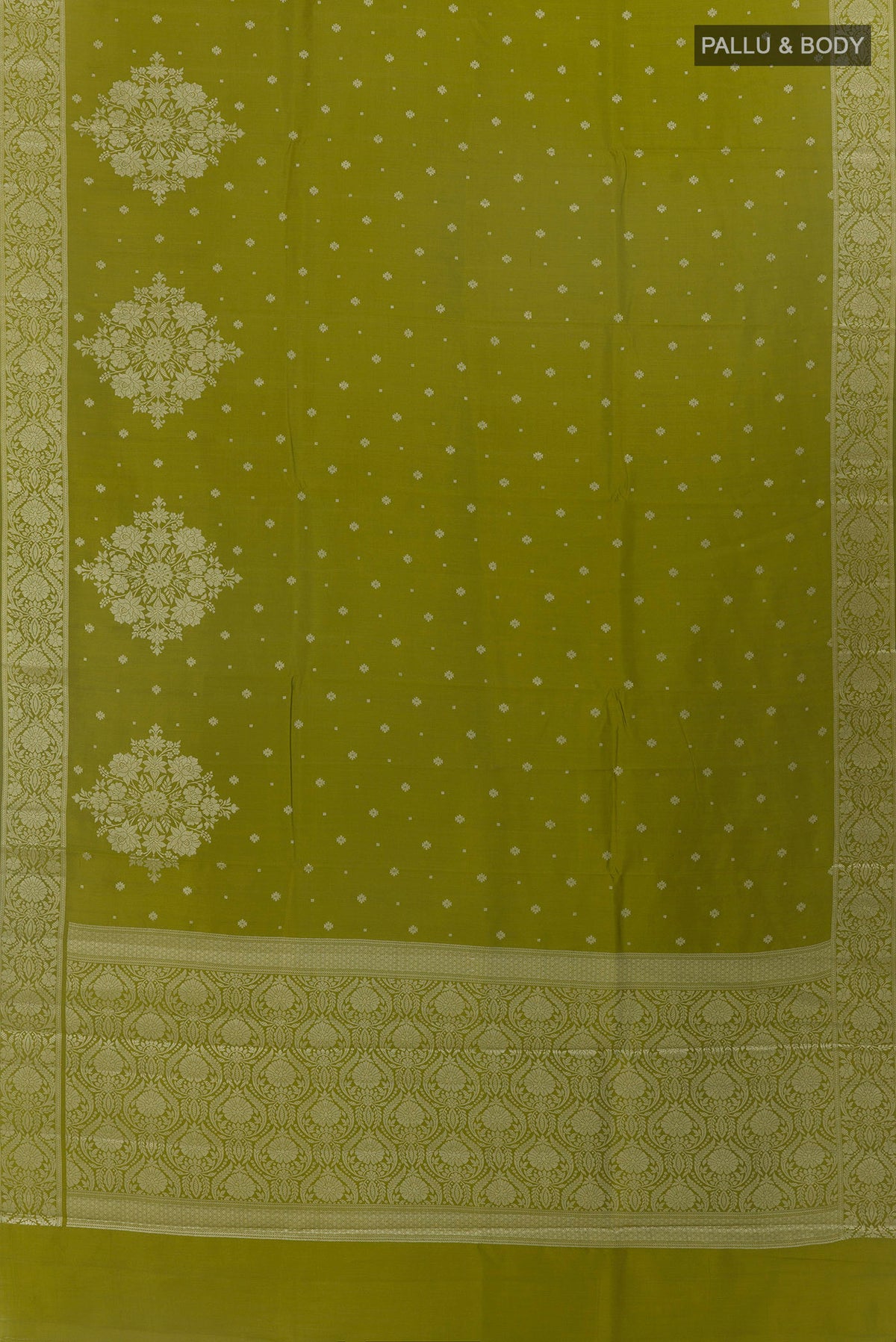 Flat view of Mehandi Green Tussar Saree with Zari Butta on the body and Zari Border. 