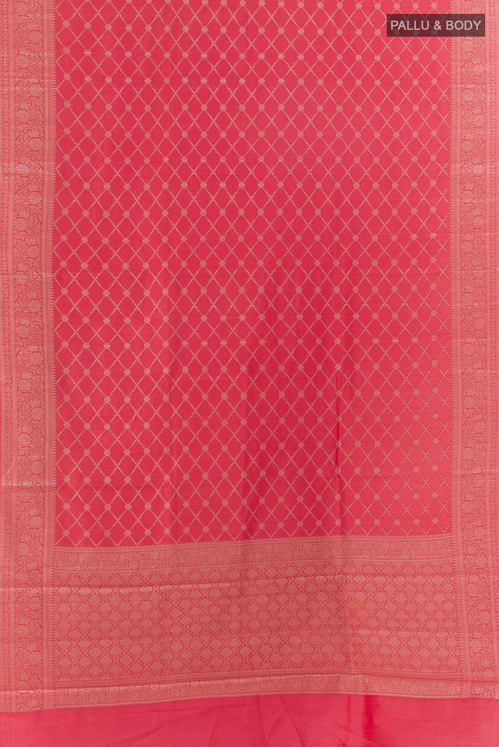 Flat view of Coral Tussar Saree with Zari Brocade on the body and Zari Border. 