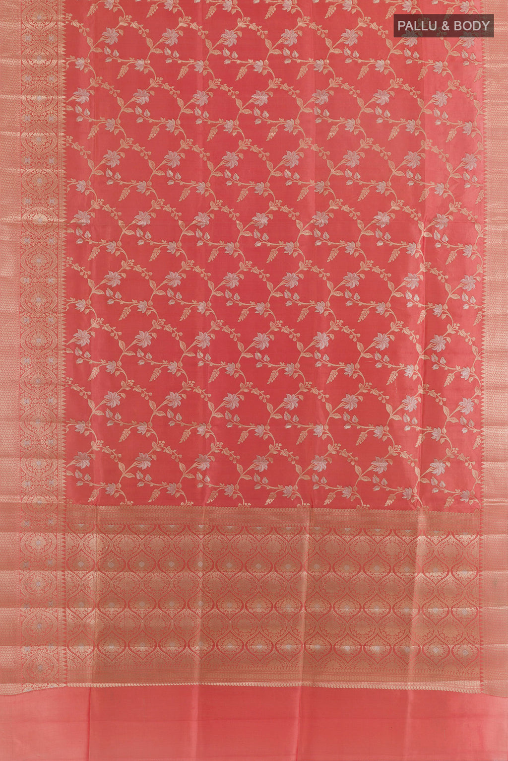 Flat view of Pure Silk Peach Banarasi Raw Saree with Zari Brocade on the body and Zari Border. 