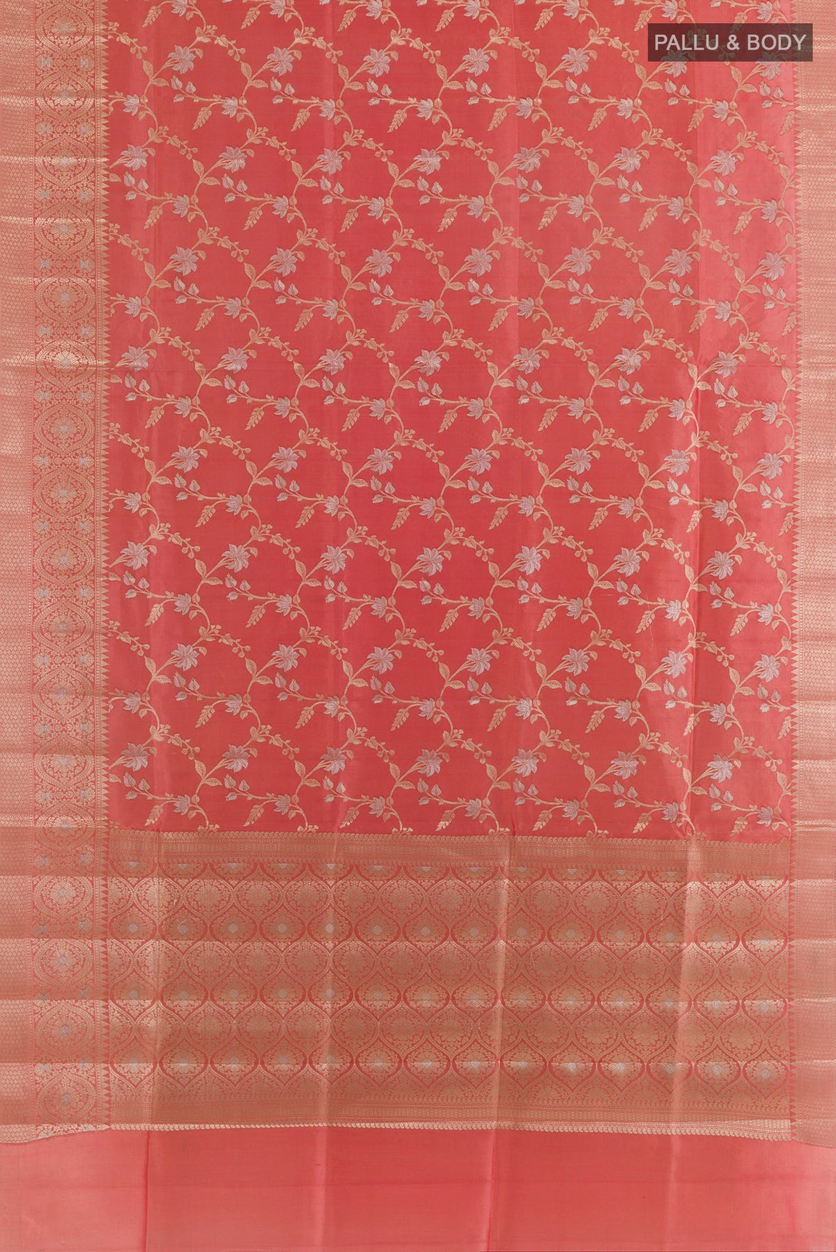 Flat view of Pure Silk Peach Banarasi Raw Saree with Zari Brocade on the body and Zari Border. 