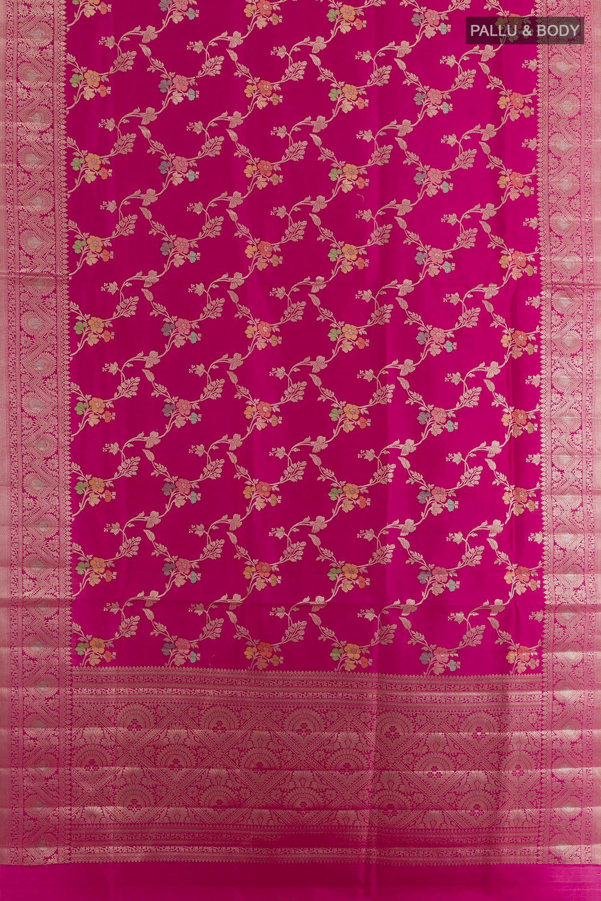 Flat view of Pure Silk Dark Pink Banarasi Raw Saree with Zari Brocade on the body and Zari Border. 