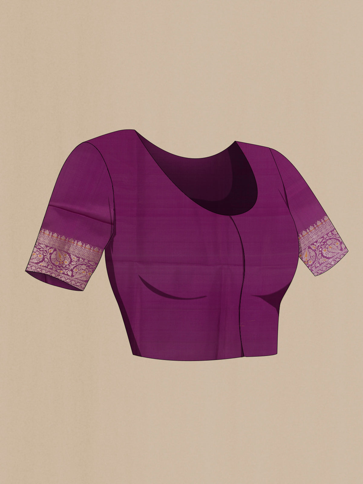Close up image of the blouse of Pure Silk Purple Banarasi Raw Saree with Zari Butta on the body and Zari Border. 