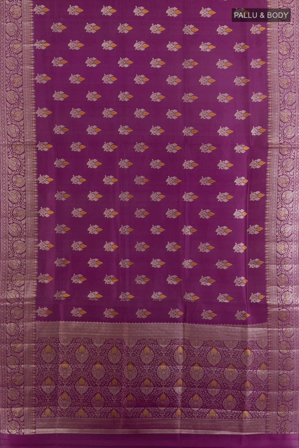 Flat view of Pure Silk Purple Banarasi Raw Saree with Zari Butta on the body and Zari Border. 