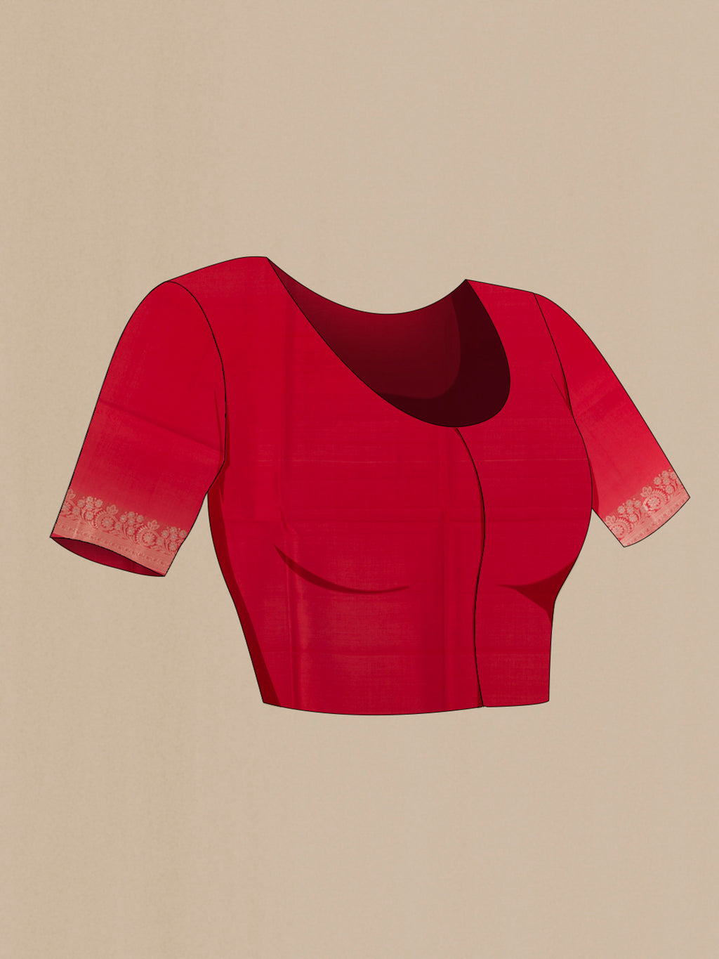 Close up image of the blouse of Pure Silk Red Banarasi Raw Saree with Zari Butta on the body and Zari Border. 