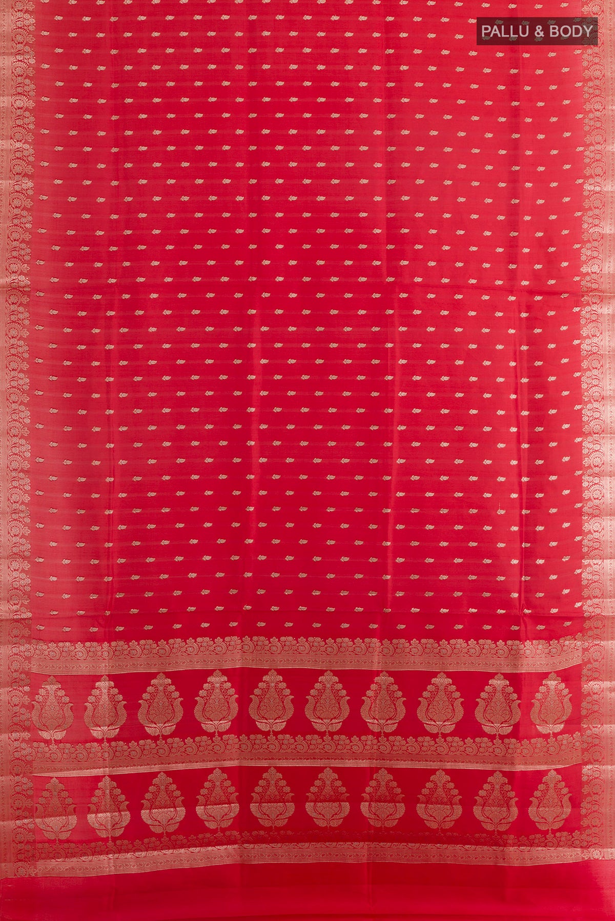 Flat view of Pure Silk Red Banarasi Raw Saree with Zari Butta on the body and Zari Border. 