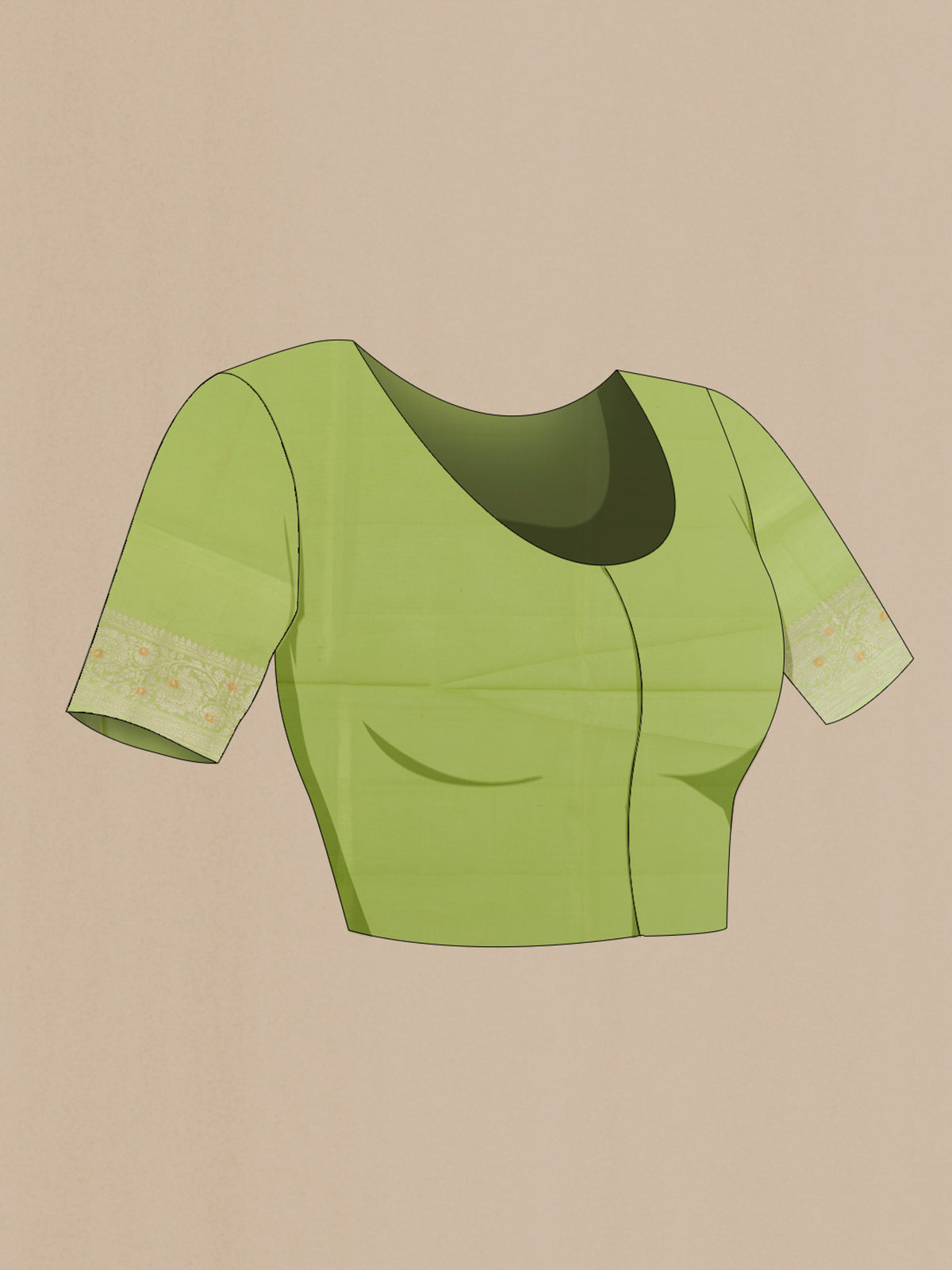 Close up image of the blouse of Pure Silk Pista Green Banarasi Raw Saree with Zari Butta on the body and Zari Border. 