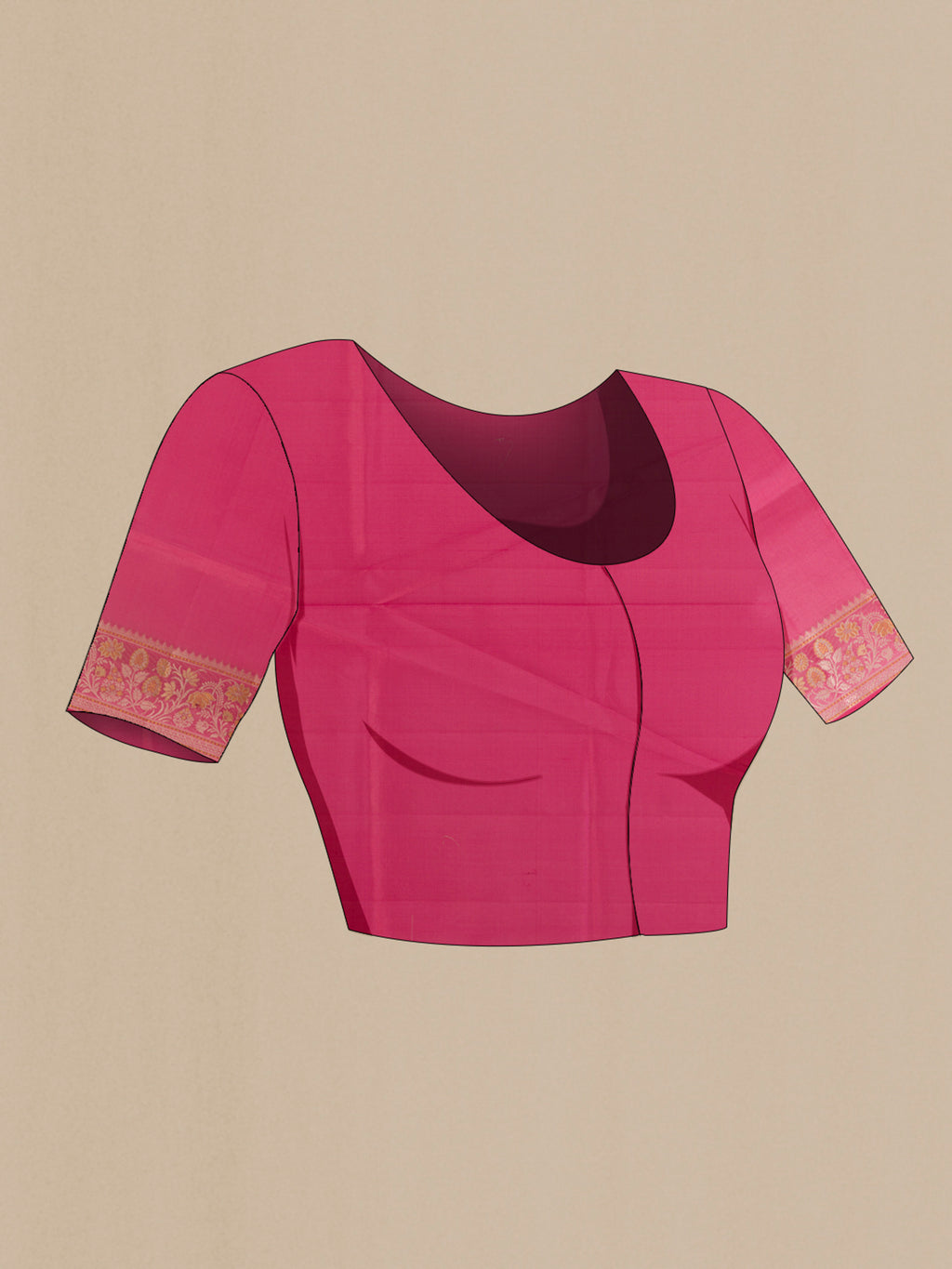 Close up image of the blouse of Coral Banarasi Raw Saree with Zari Butta on the body and Zari Border. 