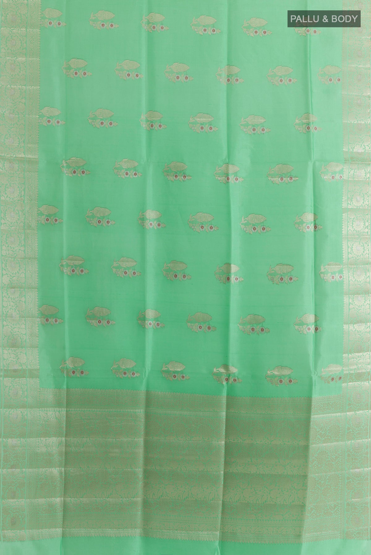 Flat view of Pure Silk Green Banarasi Raw Saree with Zari Butta on the body and Zari Border. 