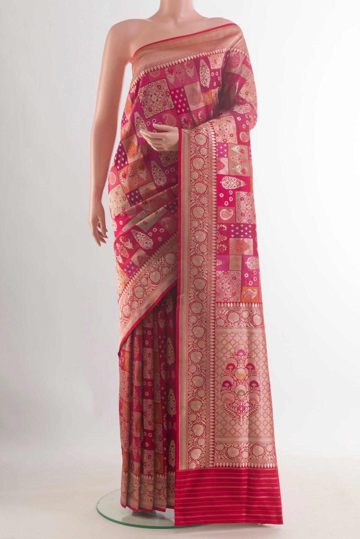 Pure Silk Multi Color Banarasi Saree with Zari Brocade on the body and Zari Border.  displayed on a mannequin