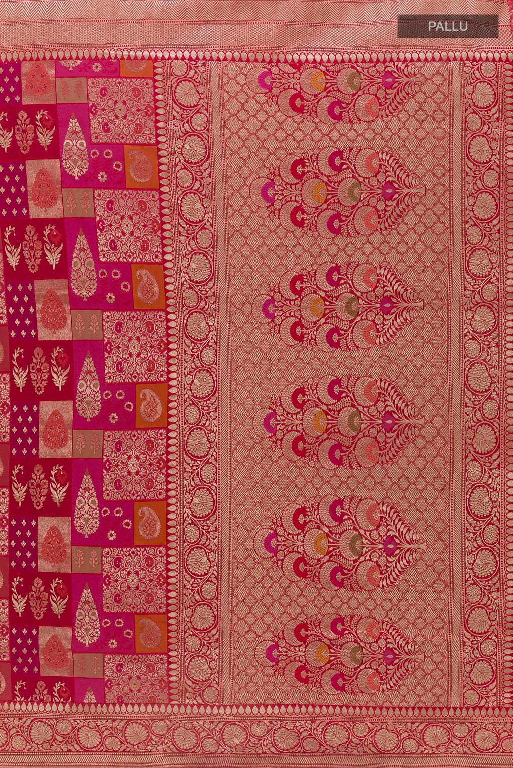 Close up image of the pallu of Pure Silk Multi Color Banarasi Saree with Zari Brocade on the body and Zari Border. 