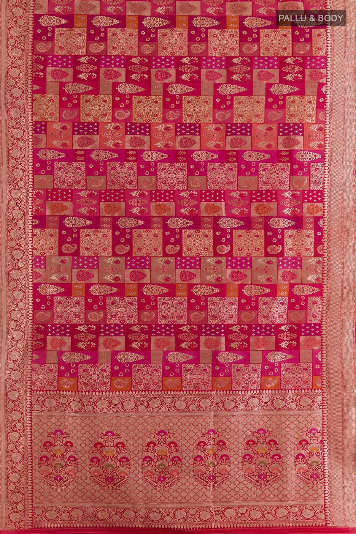 Flat view of Pure Silk Multi Color Banarasi Saree with Zari Brocade on the body and Zari Border. 