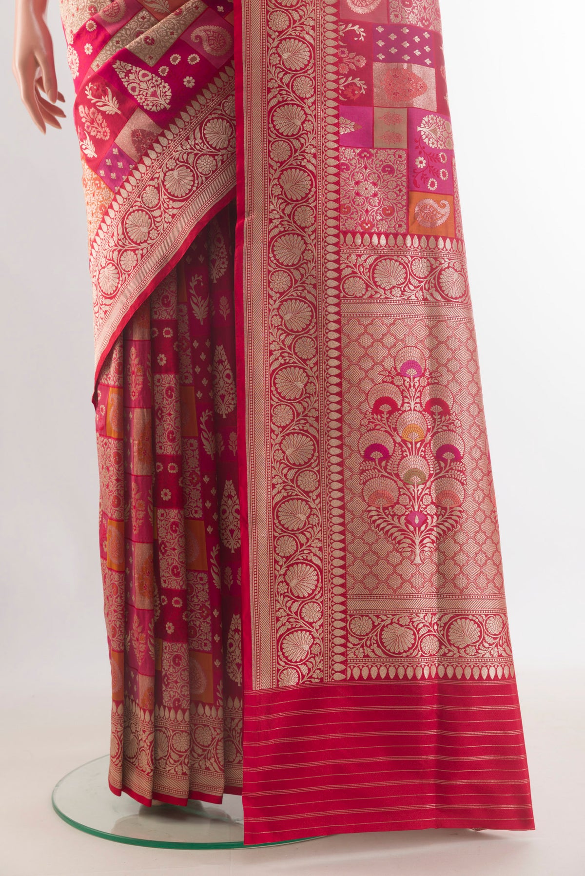 Pleats and pallu of Pure Silk Multi Color Banarasi Saree with Zari Brocade on the body and Zari Border. 