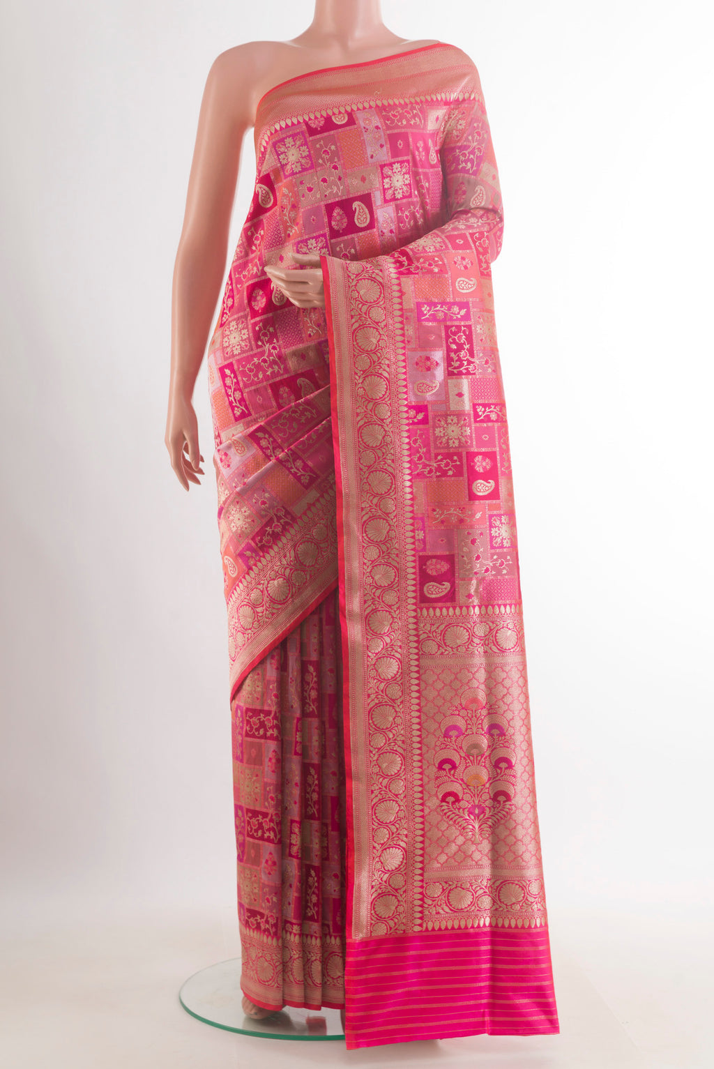 Pure Silk Pink Banarasi Saree with Zari Brocade on the body and Zari Border.  displayed on a mannequin